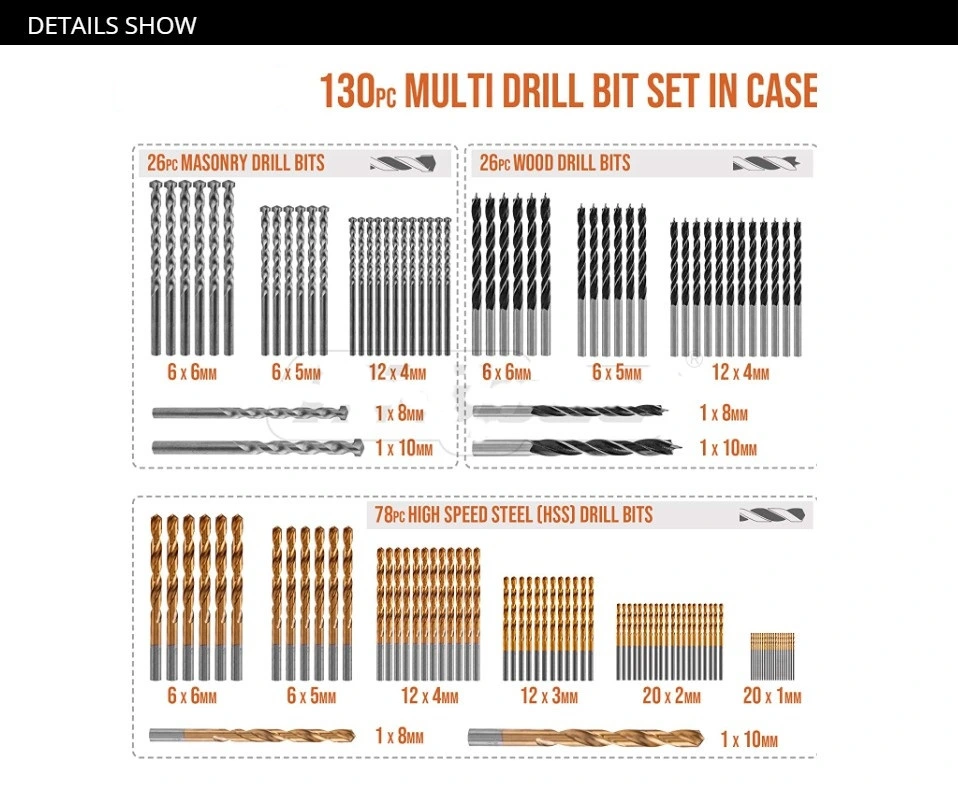 130PCS Drill Bit Set, Twist Drill, Woodworking Flat Drill Bit, Cement Drill Bit, Electric Drill Drill Bit